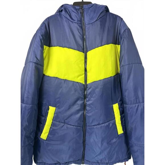 Men's Navy and Yellow Hooded Puffer Parka Jacket Sz Large Tall - Picture 2 of 11